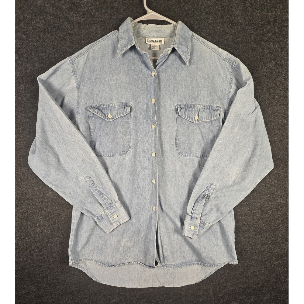 Daniel Caron Mens L Denim Shirt Light Wash Long Sleeve Button Up Pockets Cotton